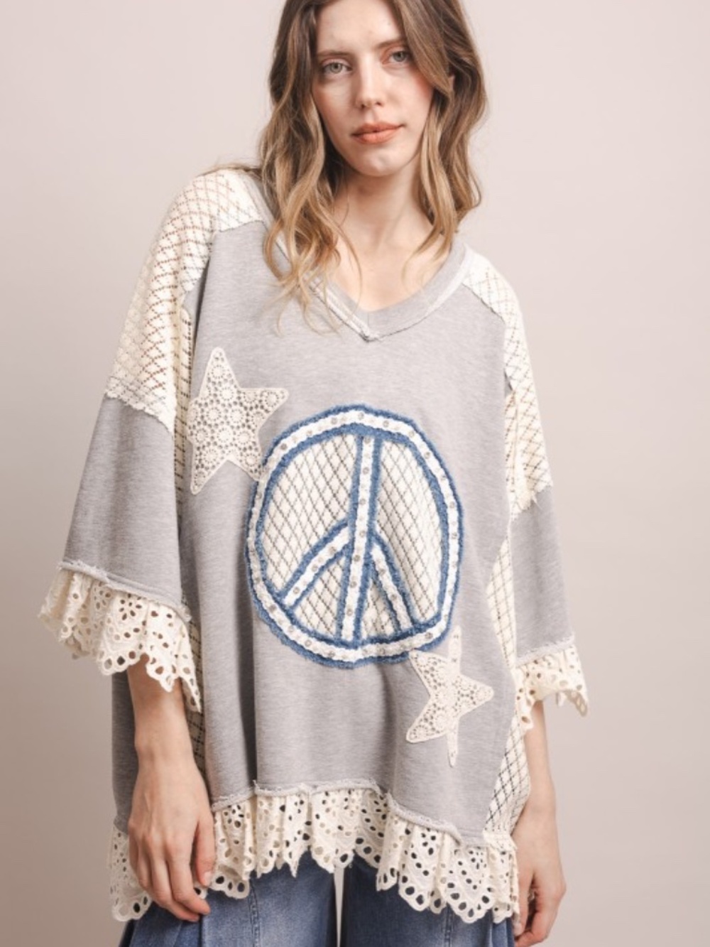 AMAZING Peace Sign Star Eyelet Ruffle Tunic
